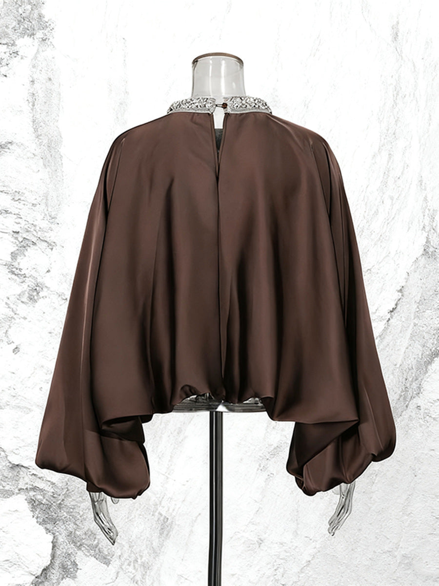 Round Neck Rhinestone Loose Solid Color Pullover Shirt NorixaFashion.com