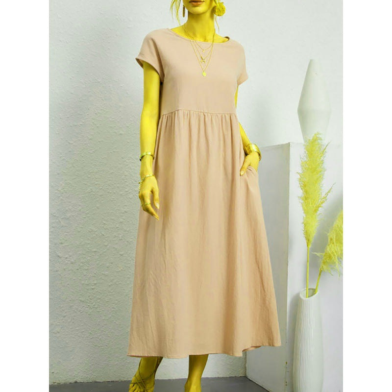 2026 New European And American Women's Round Neck Solid Color Pullover Comfortable Casual Dress NorixaFashion.com