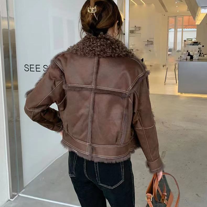 Women's Young Lamb Wool Short Stitching Coat Best YouTube Store