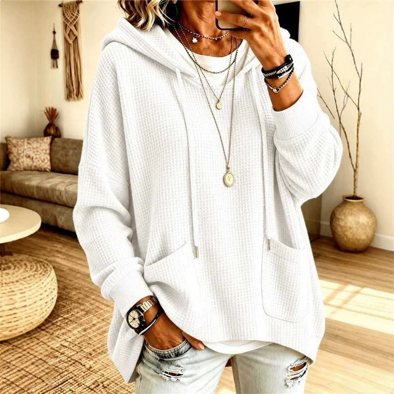 2026 European And American Women's Clothing Amazon Independent Station Waffe Loose Long Sleeve Hoodie Casual Hooded NorixaFashion.com