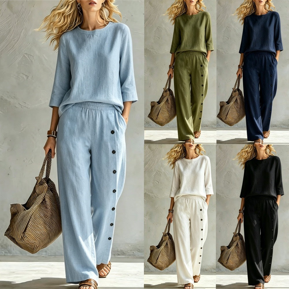2026 European And American Women's Fashionable Solid Color Buckle Design Casual Loose Two-piece Set NorixaFashion.com