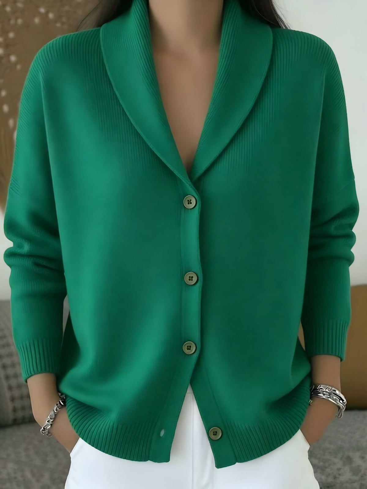 Womens Knitted Cardigan Loose-Fit Lazy Style Soft And Cozy Notch Lapel Solid Color Long-Sleeve Sweater NorixaFashion.com
