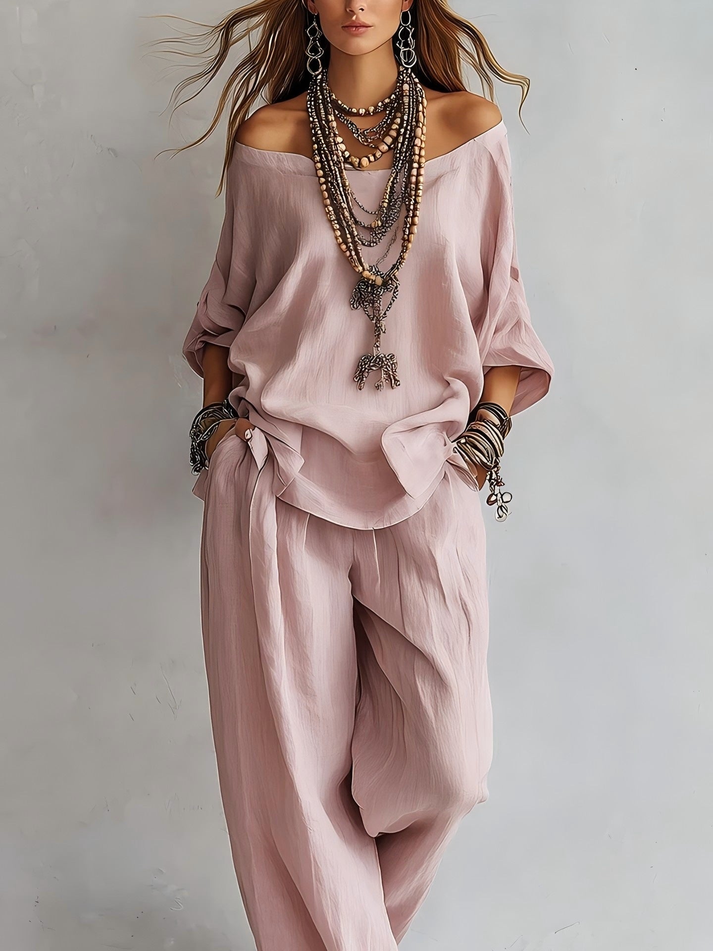 Off-shouder Suits Fashion Three-quarter Sleeves Top And Loose Pockets Wide-Leg Pants Set Women's Clothing NorixaFashion.com