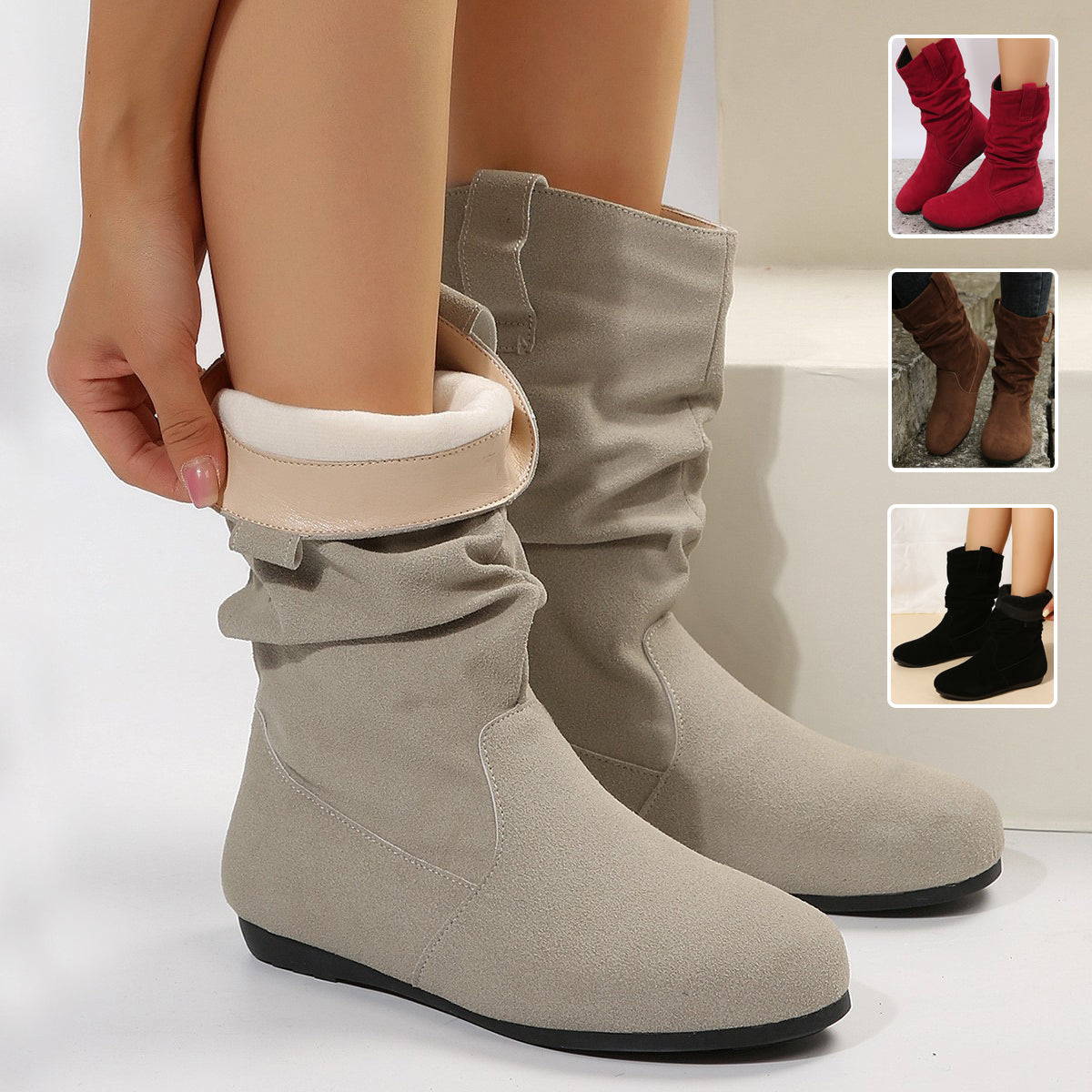 Round Toe Flat Boots Fashion Solid Color Suede Mid-calf Boot Winter Warm Shoes For Women LadyShow.Store