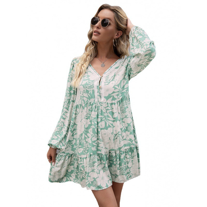 Loose Casual Floral Lace Stitching Sleeves Long Sleeve V-neck Printing LadyShow.Store