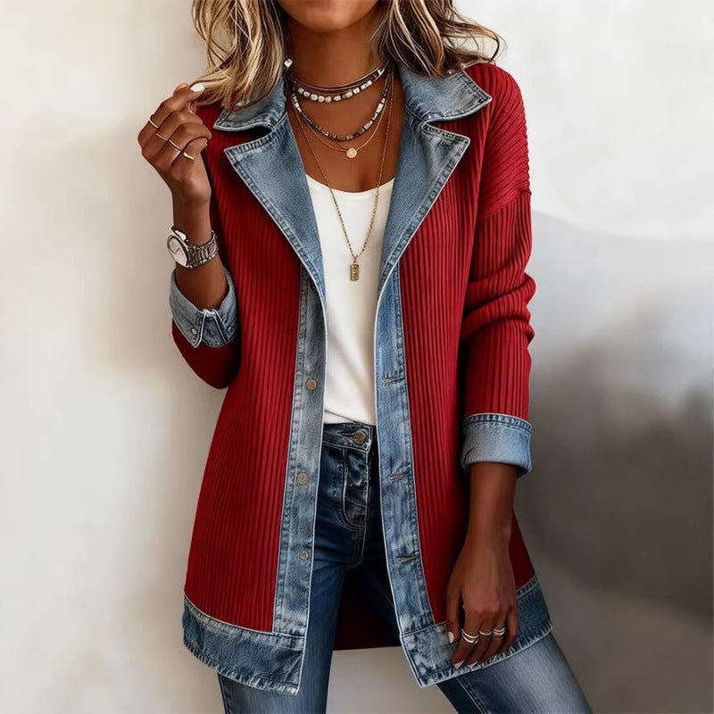 Denim Patchwork Jacket Fashion Commuter Lapel Button-down Long-sleeved Top For Women's Clothing NorixaFashion.com