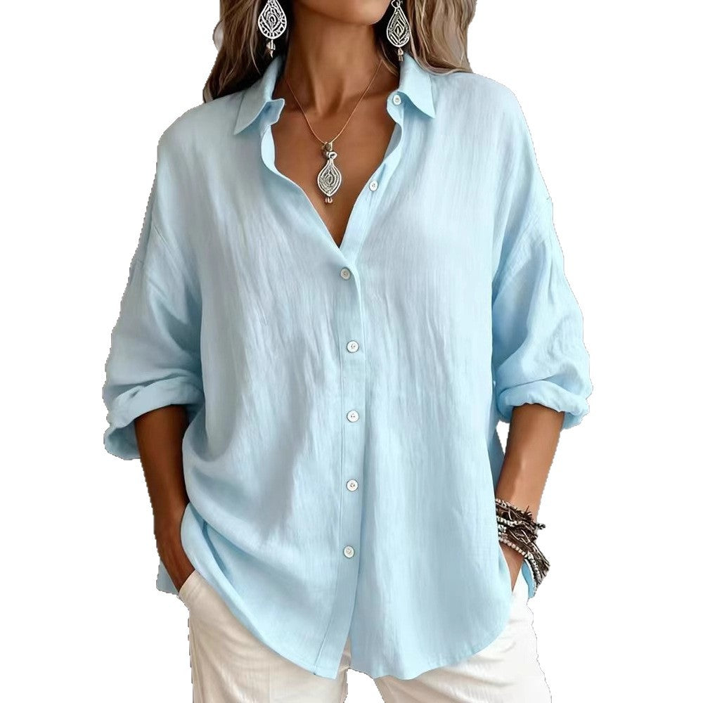 Fashionable Solid-color Long-sleeve Lapel Cardigan Shirt NorixaFashion.com