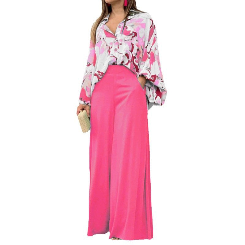 Loose And Elegant Casual Printed Shirt Top Wide Leg Pants Fashion Suit NorixaFashion.com