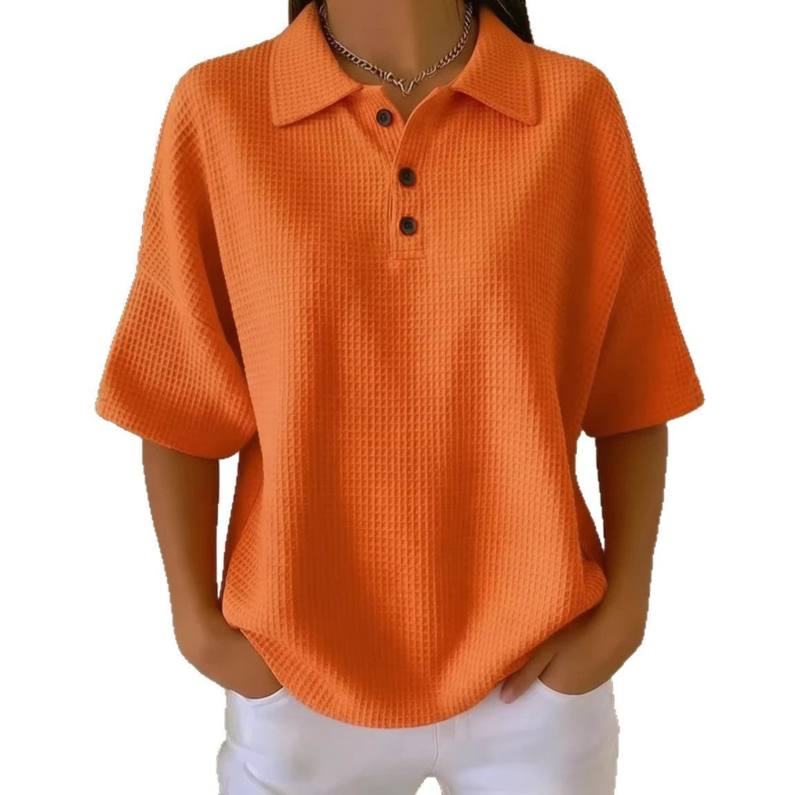 Women's Casual Loose Comfortable Lapel-Neck T-Shirt With Buttons NorixaFashion.com