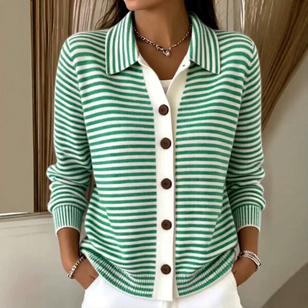 Button-down Knitted Striped Sweater Cardigan Coat NorixaFashion.com