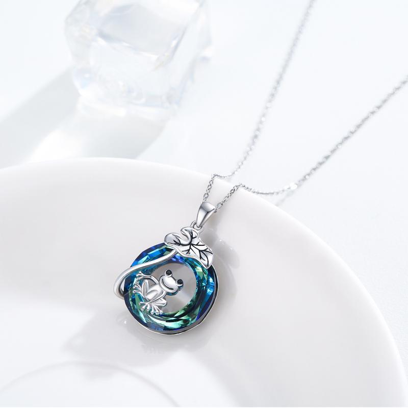 925 Sterling Silver Frog Lotus Leaf Necklace with Circle Crystal Pendant Cute Animal Jewelry Gifts LadyShow.Store