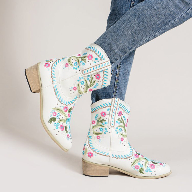 Ethnic Style Female Embroidered Flowers European And American Mid-tube Western Boots LadyShow.Store