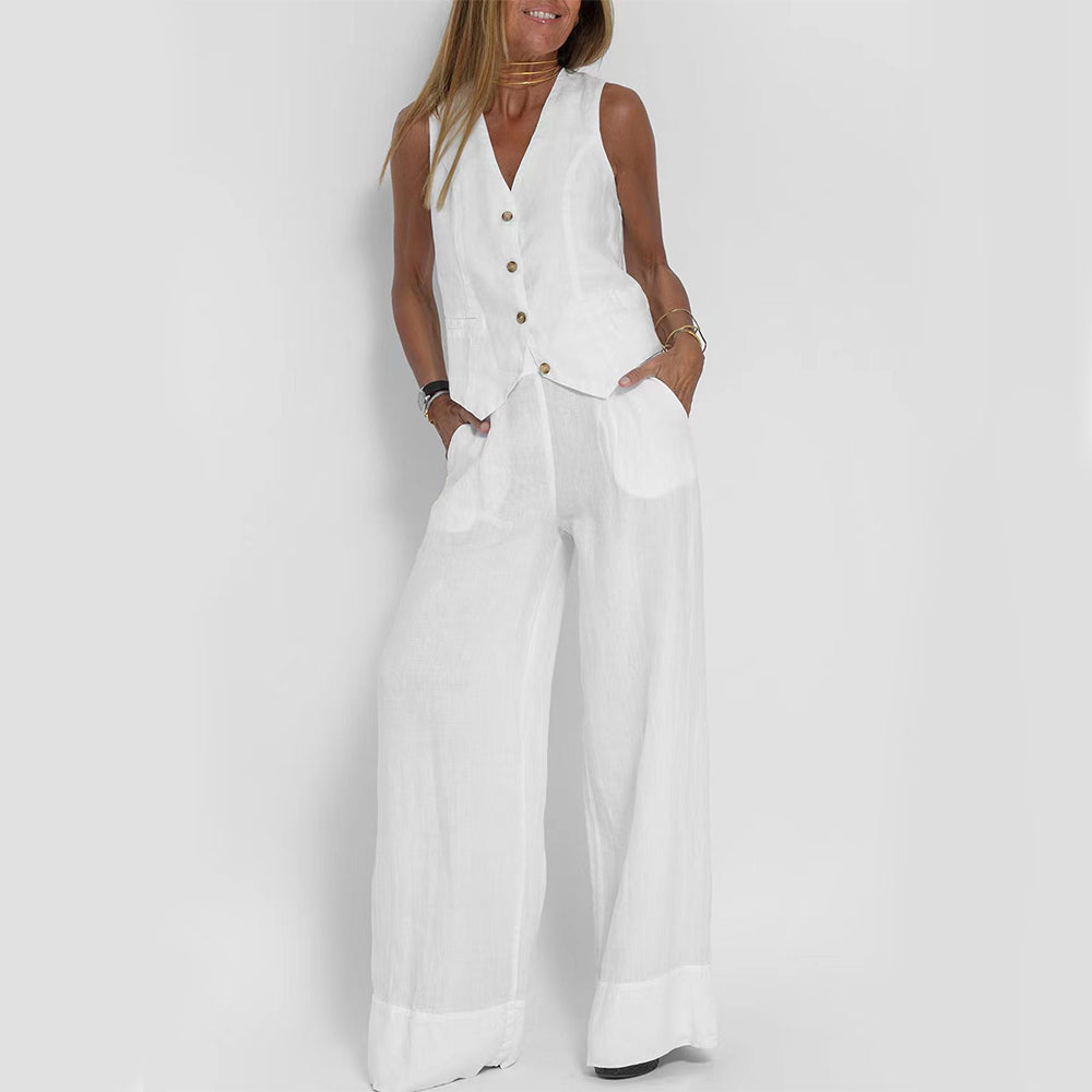 Summer Vest Suits V-neck Botton Sleeveless Top And Loose Straight Trousers Casual Womens Clothing NorixaFashion.com