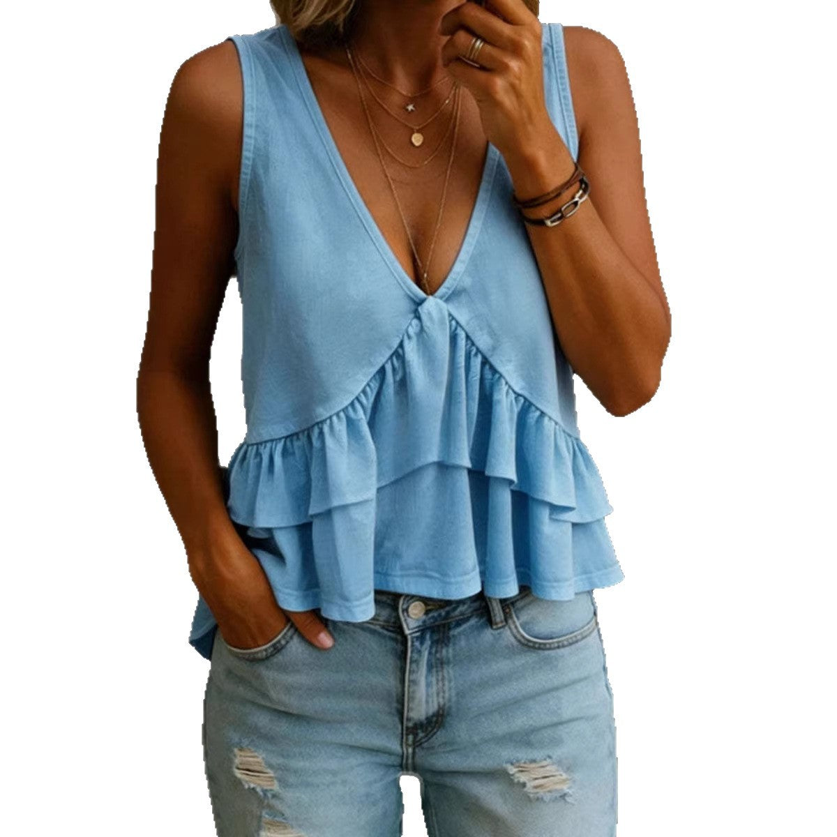 SpringSummer Womens Solid-Colored V-Neck Ruffled Sleeveless Top Vest LadyShow.Store