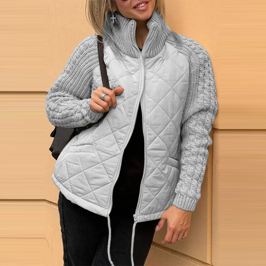 Winter Stand Collar Cotton Jacket With Pockets Fashion Knitted Stitching Zipper Coat Warm Tops For Women Clothing LadyShow.Store
