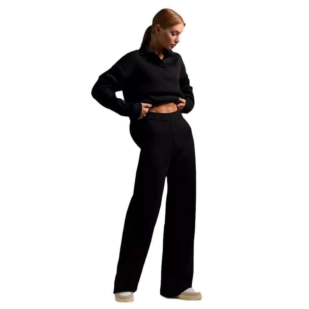 Fall Winter Two Piece Set Women's Simple Loose Solid Color Collar Sweater Set Fashion Casual Sport Wear Set LadyShow.Store