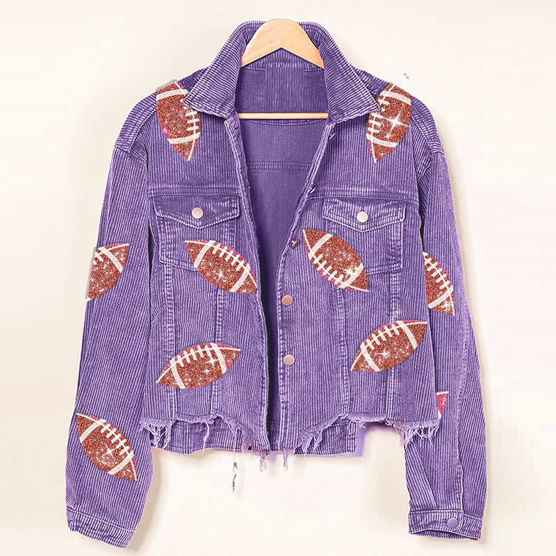 Fashion Corduroy Jacket Fashion Rugby Print Baseball Jacket Autumn And Winter Tops Clothes For Women CJD