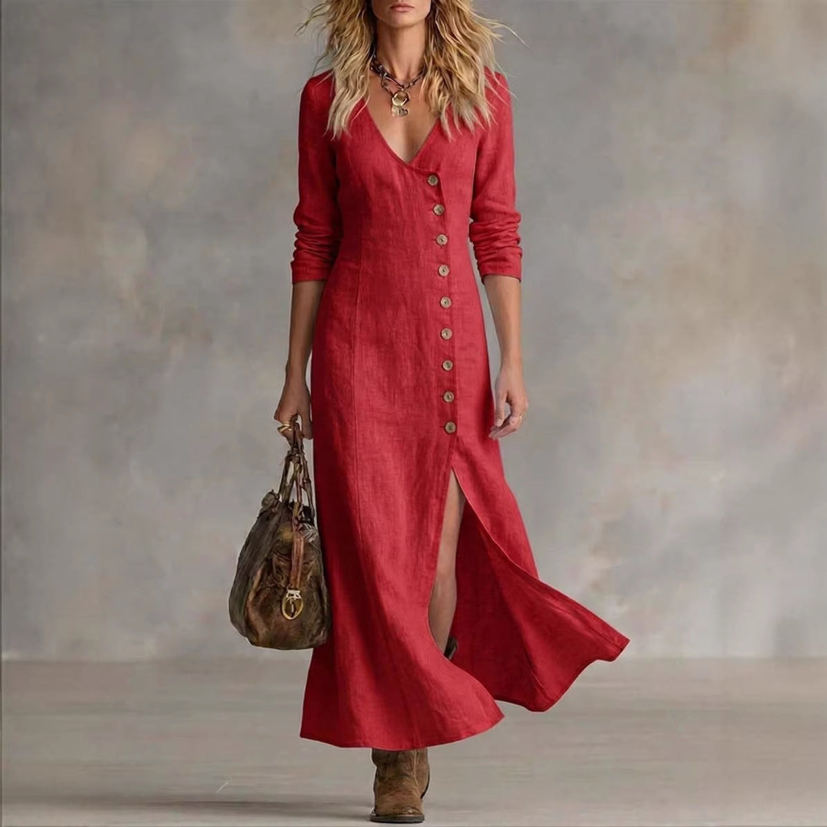 Fashionable Casual Cotton-Linen Long-Sleeve Womens Dress NorixaFashion.com