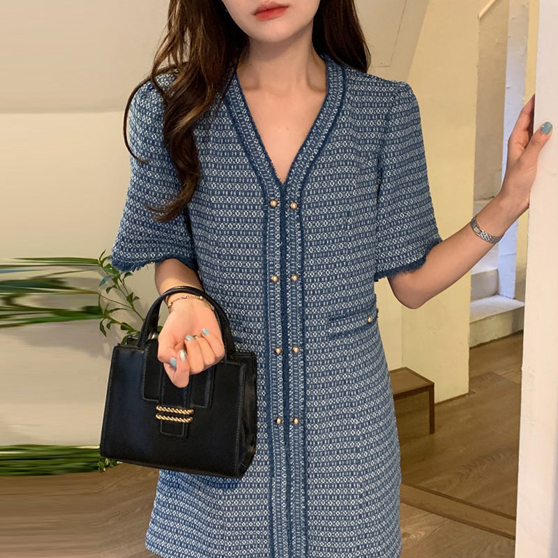 Metal Single Breasted Denim Dress Women NorixaFashion.com
