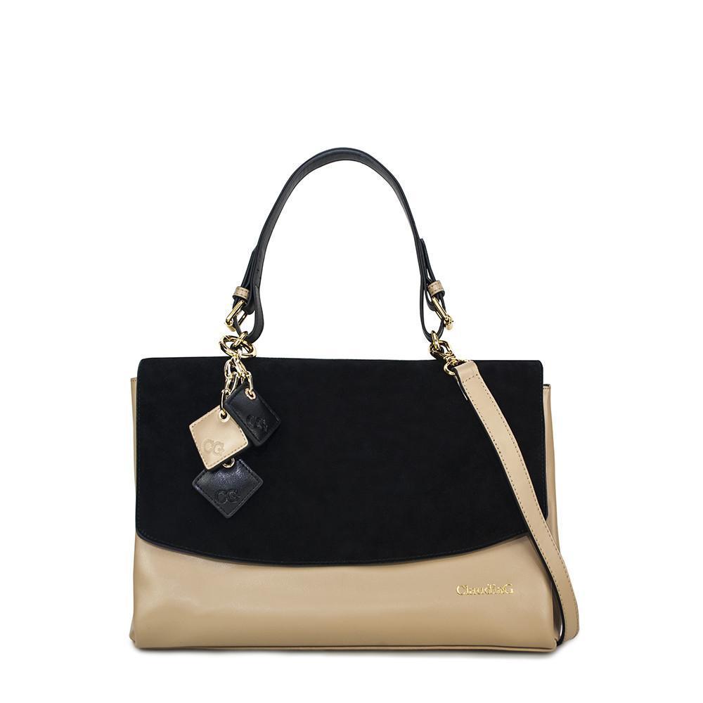 Simonetta Leather Handbag- Midnight Black / Tan LadyShow.Store