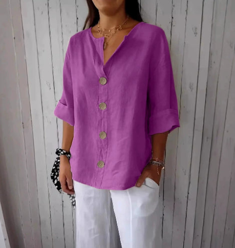 Loose-fit Women's V-neck Cotton-Linen Button T-shirt Top LadyShow.Store