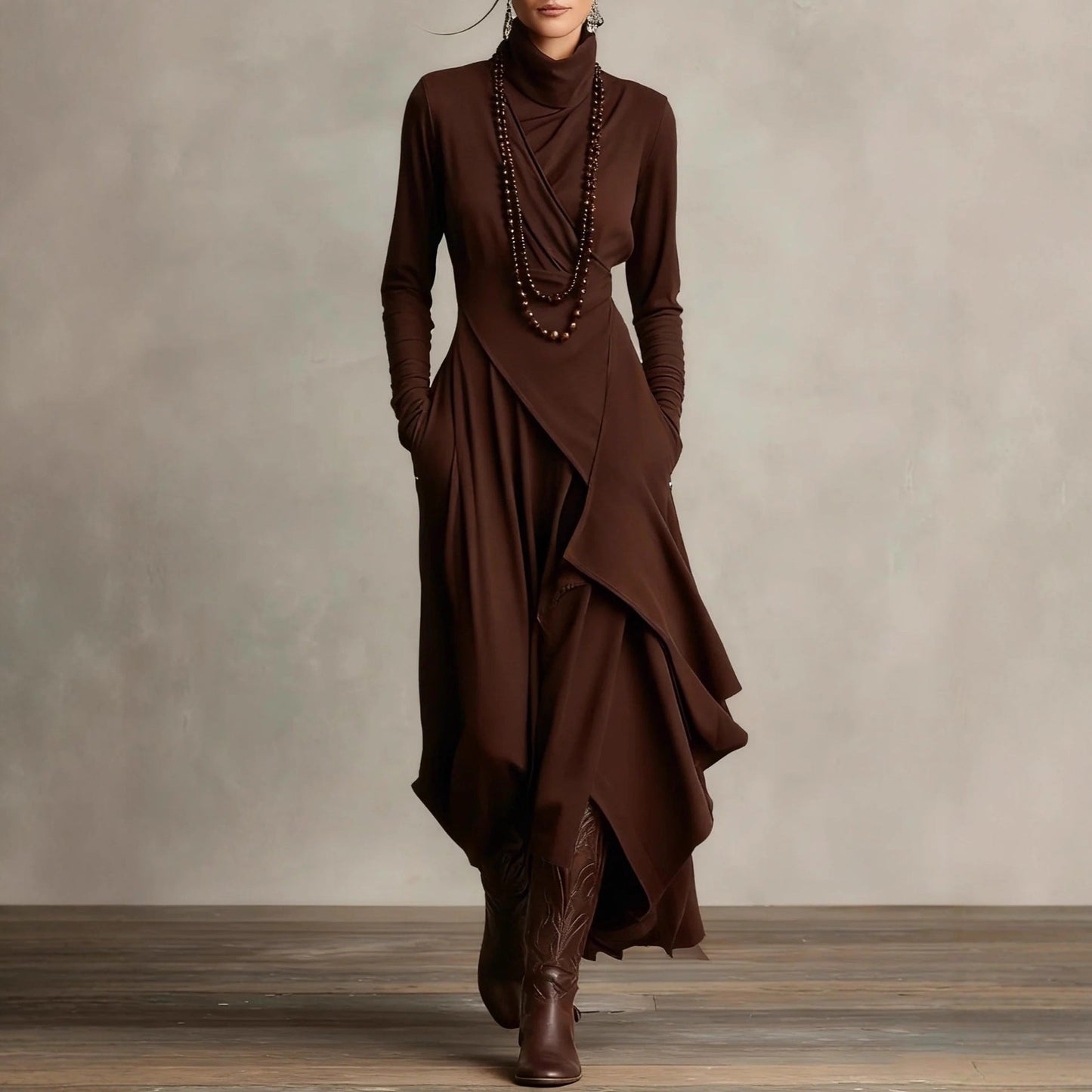 Women's Solid Color Cross-sleeve High-neck Dress LadyShow.Store