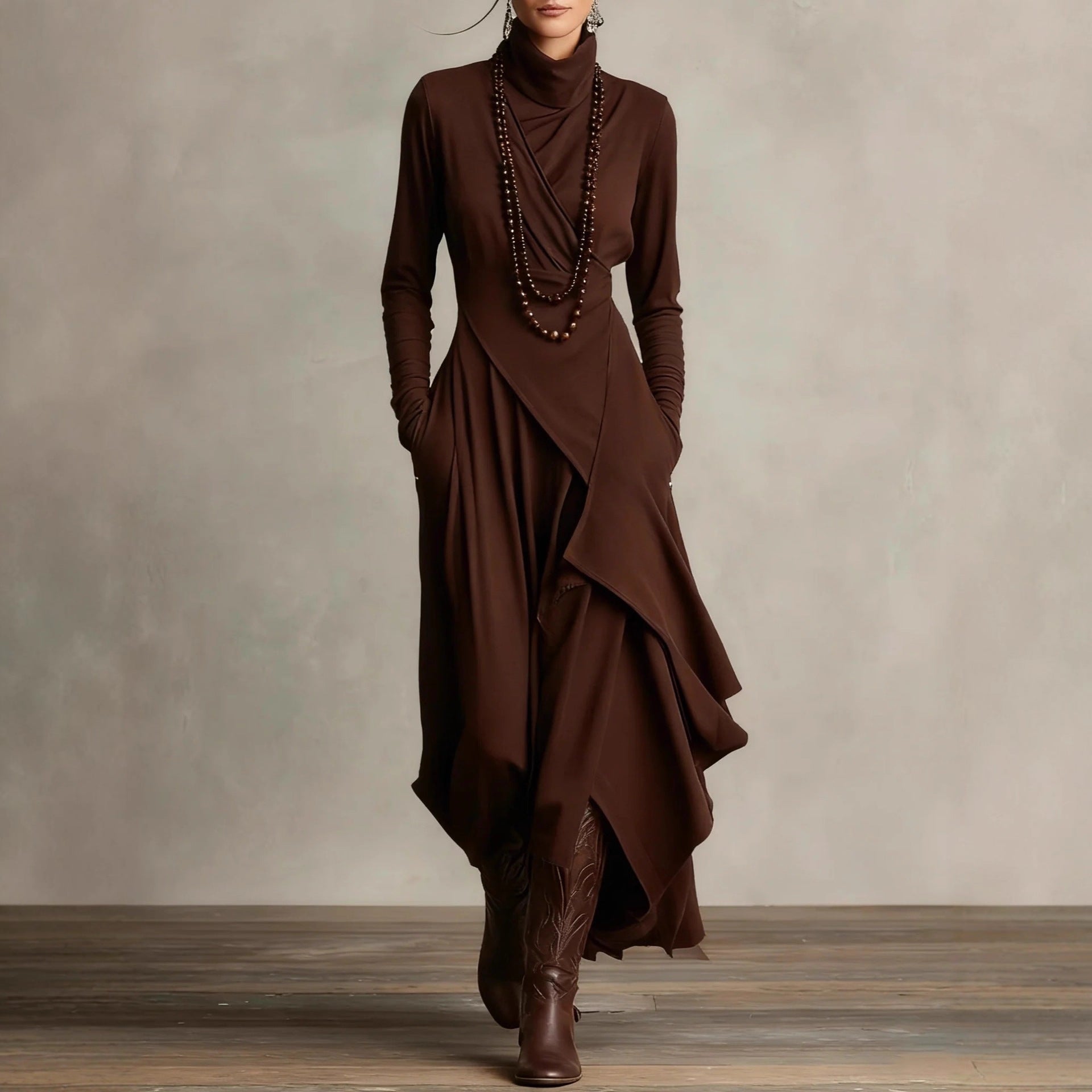 Women's Solid Color Cross-sleeve High-neck Dress LadyShow.Store