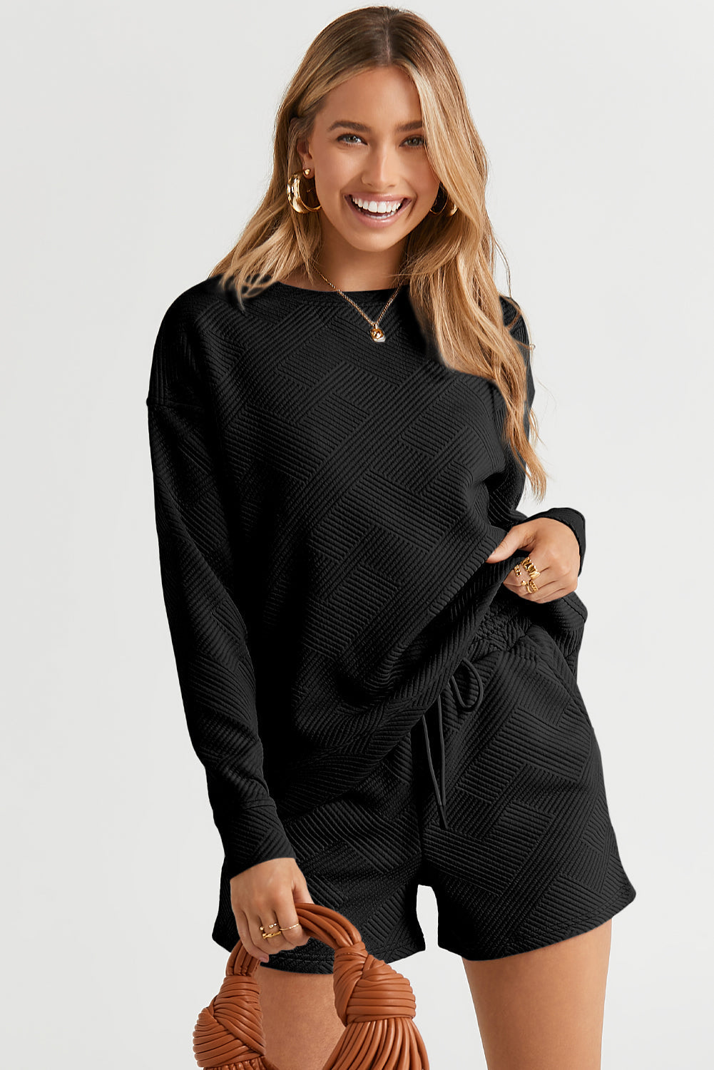 Adalyn Textured Long Sleeve Top and Drawstring Shorts Set LuxuryLifeWay Online Store