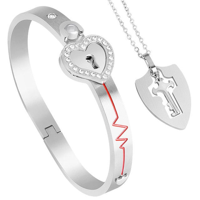 Stainless Steel Love Heart Lock Bangle Bracelet Pi-Mart