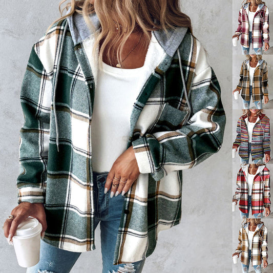 Plaid Hooded Jacket Fashion Casual Button Pocket Coat Autumn And Winter Women's Clothing LuxuryLifeWay Online Store