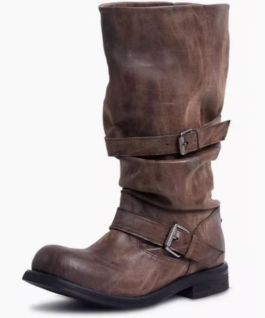 Chunky-heeled Vintage Distressed Mid-calf Boots Womens LadyShow.Store