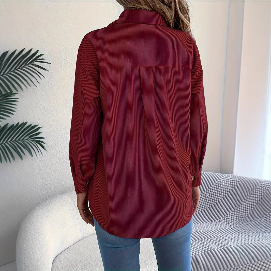 European And American Corduroy Striped Mid-length Coat Shirt NorixaFashion.com