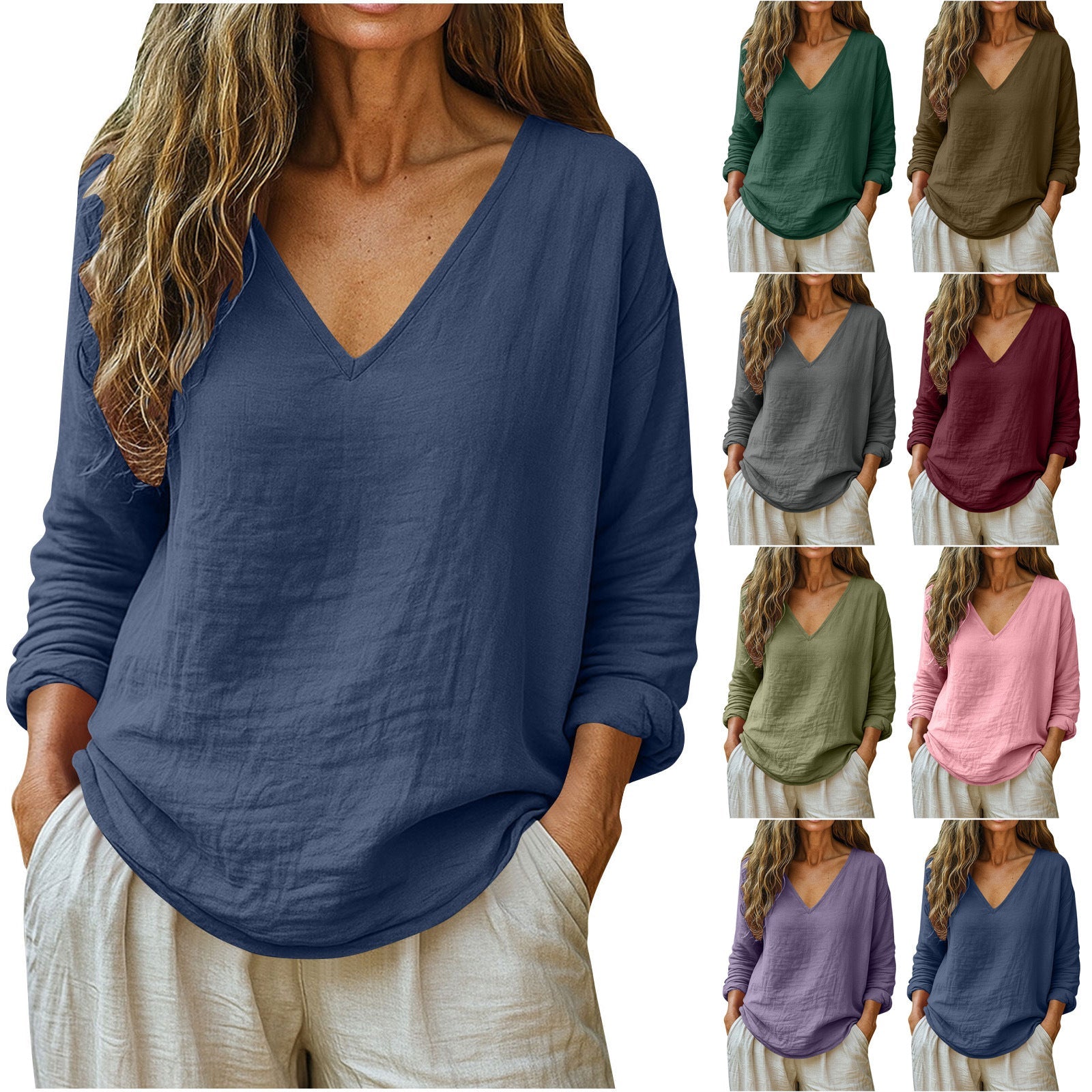 Fashionable Cotton-Linen Long-Sleeve V-Neck Top NorixaFashion.com