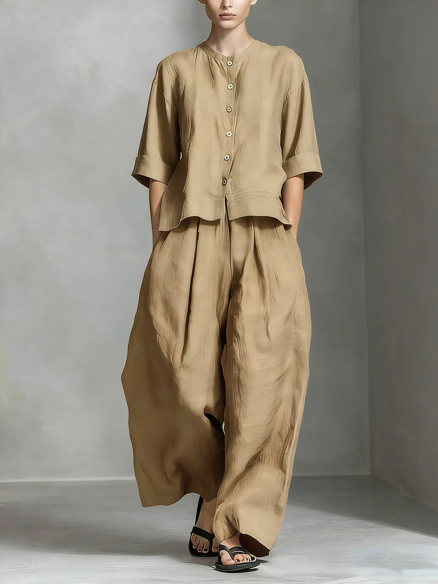 Solid-color Cotton-linen Shirt And Loose-fitting Trousers Two-piece Set NorixaFashion.com
