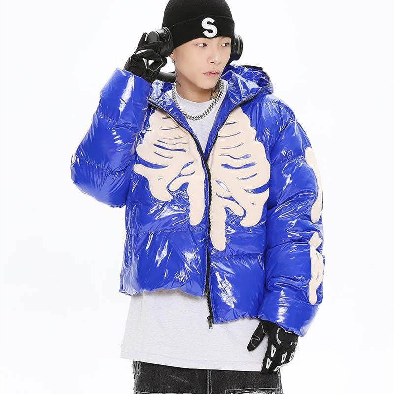 Street Retro Flocking Embroidery Skeleton Men's Hooded Cotton Jacket