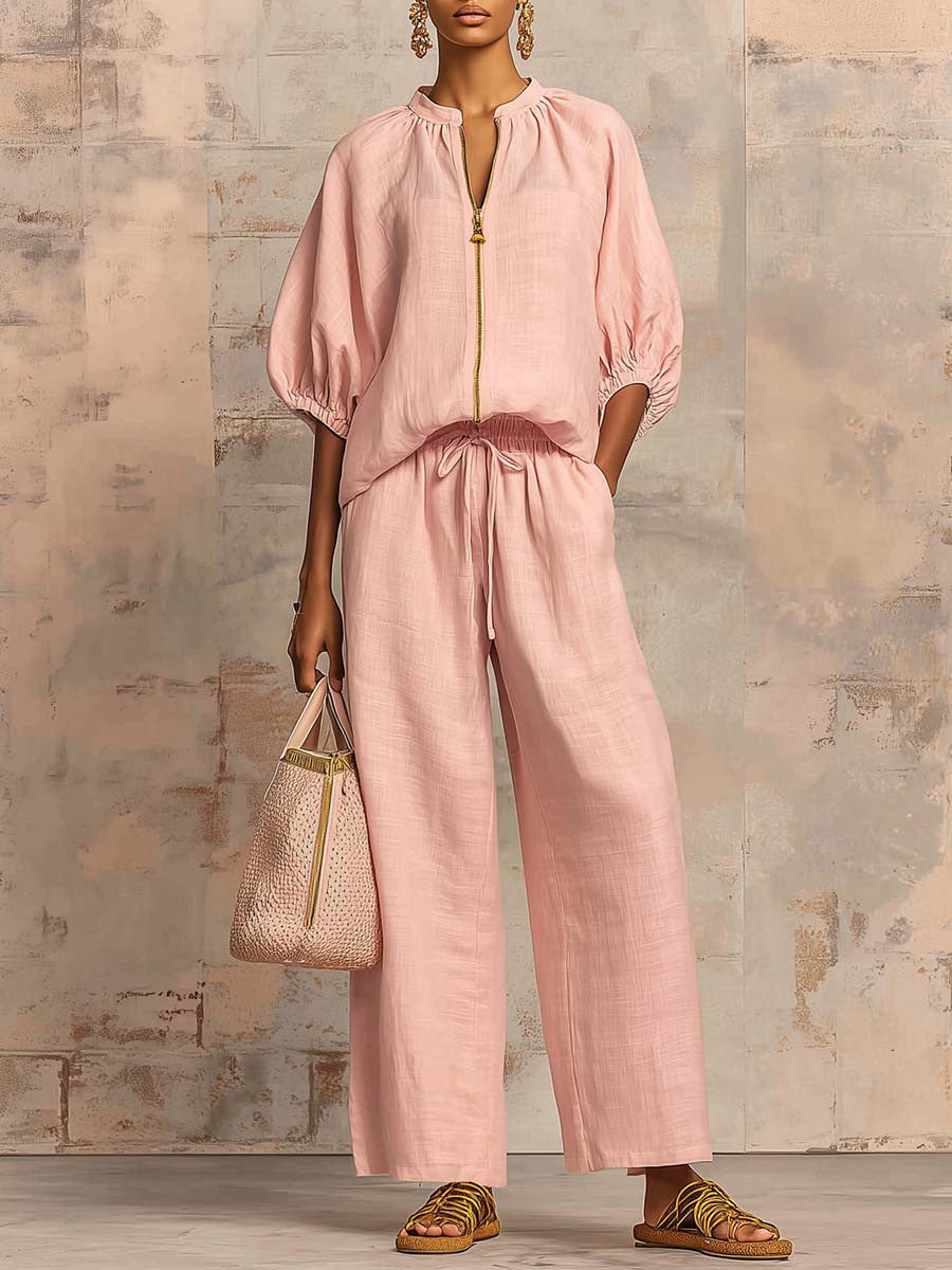 Solid-color Casual Loose-fitting Zip-up Sweatshirt And Straight-leg Pants Set NorixaFashion.com