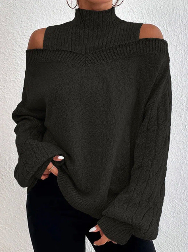 Off-the-shoulder Sweater Women's Pullover Half Turtleneck Autumn And Winter New Lantern Sleeve Sweater NorixaFashion.com