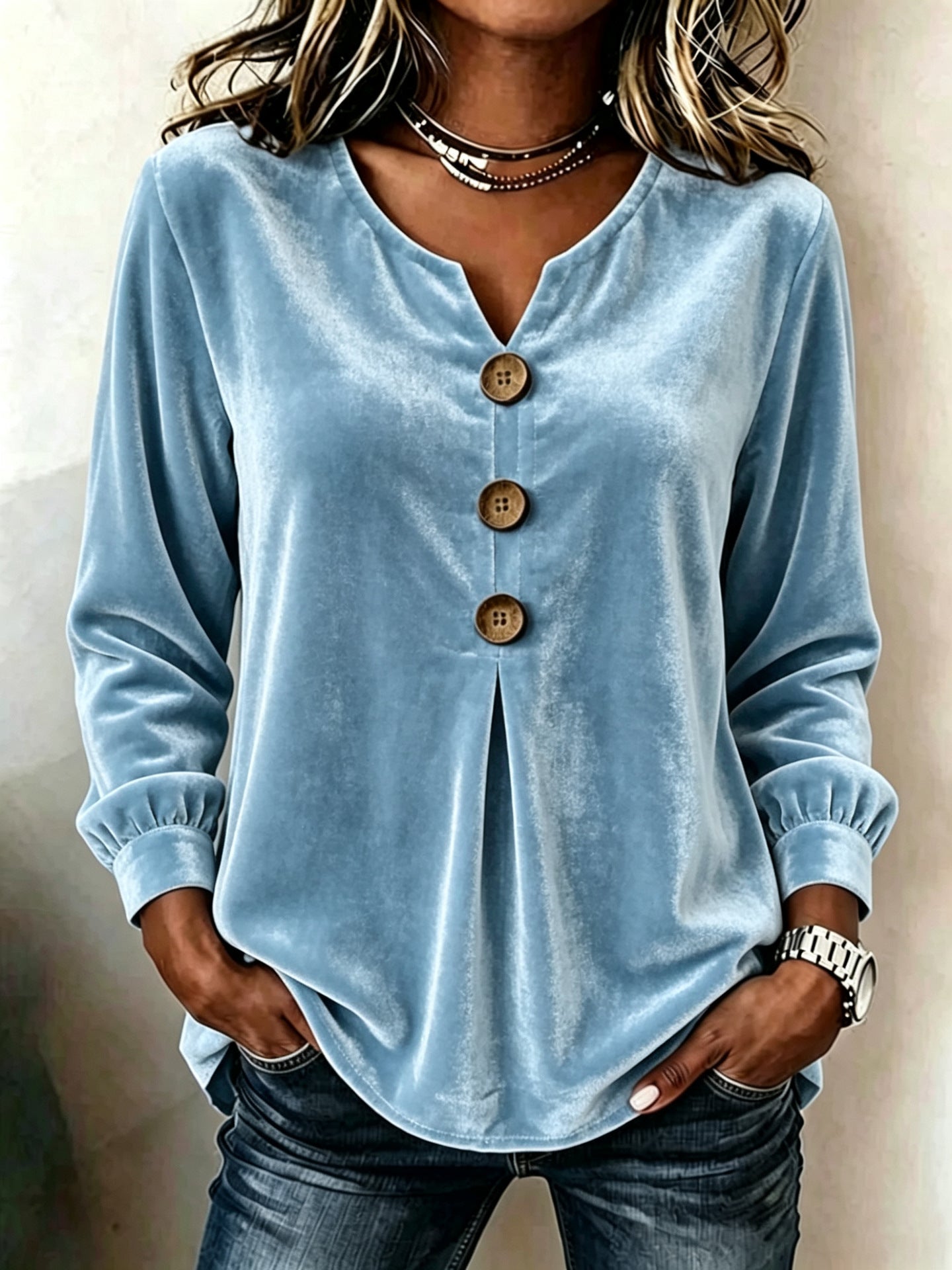 Elegant V-neck Buttoned Long-sleeve Velvet Blouse For Women NorixaFashion.com
