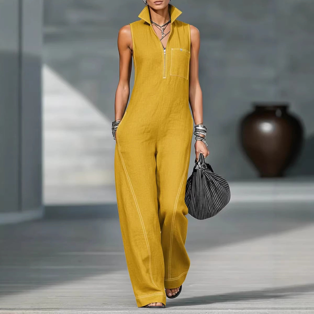 Stand-up Collar Jumpsuit With Pockets Summer Fashion Casual Sleeveless Jumpsuit Trousers Women's Clothing LadyShow.Store