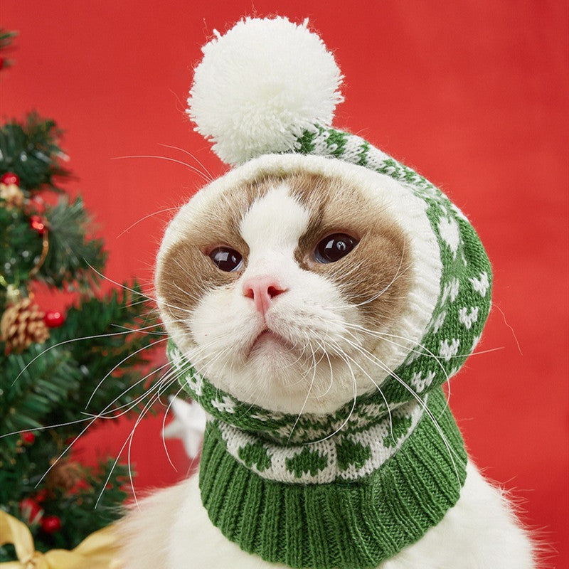 Christmas New Atmosphere Love Snowflake Elk Printing Knitted Warm Pet Dog Cat Fur Ball Hat Pets Fashion