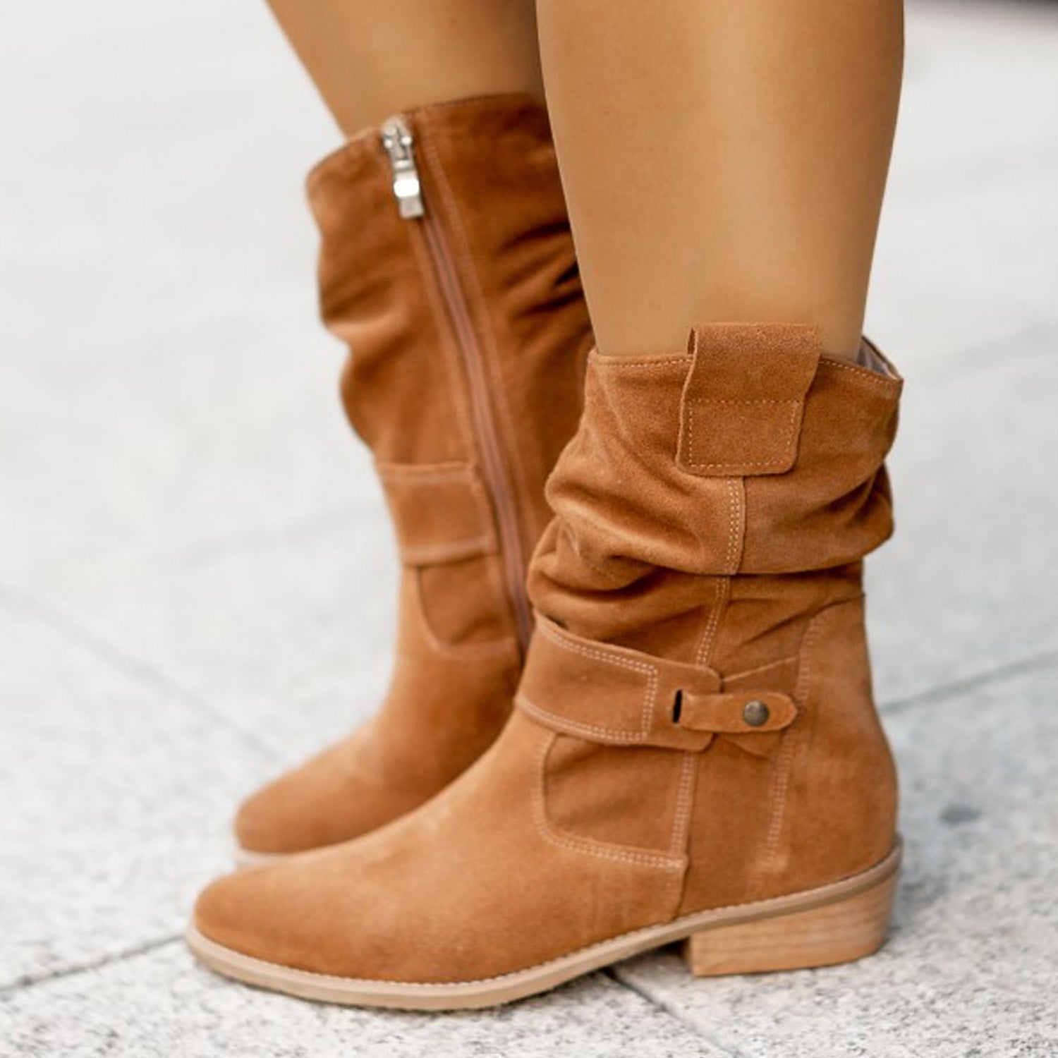 Ins Pointed Toe Mid-calf Boots Fashion Suede Zipper Western Boot Winter Shoes For Women LadyShow.Store