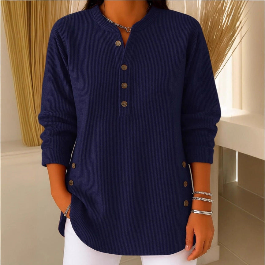 V-neck Buttons Sweater Fashion Casual Solid Color Long-sleeved Tops Women's Blouse T-shirt Clothing NorixaFashion.com
