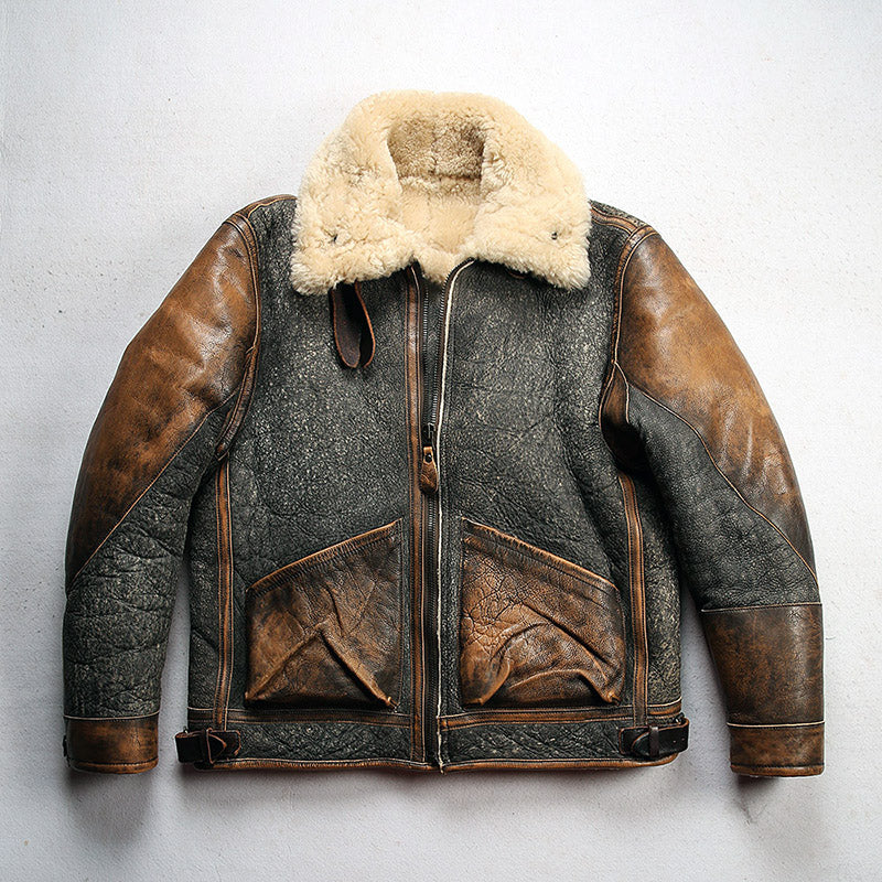 Men's Color Matching Sheepskin Leather Lapel Coat LadyShow.Store