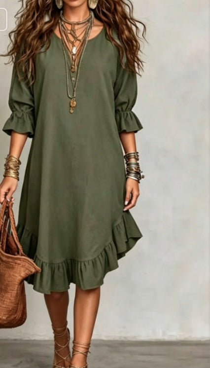 2026 New Ruffle Loose Middle Sleeve Dress NorixaFashion.com