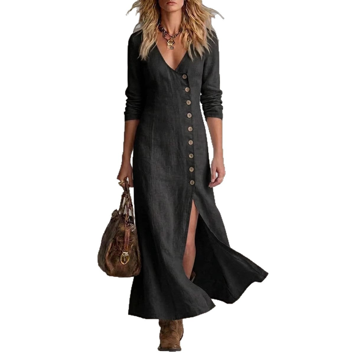 Fashionable Casual Cotton-Linen Long-Sleeve Womens Dress NorixaFashion.com