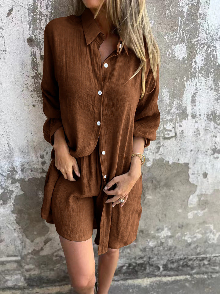 2pcs Loose Long-sleeved Shirt Suit With Lapel Button Tops And Elasticated Shorts Fashion Casual Clothing For Women NorixaFashion.com