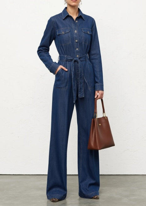 Denim Tie Long Sleeve Jumpsuit NorixaFashion.com