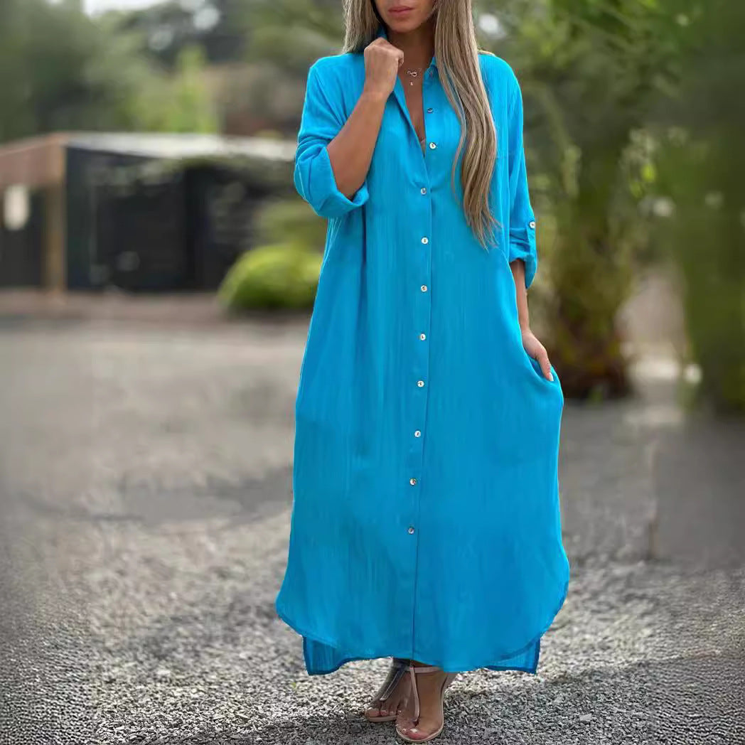 2026 Women's Dress, Cotton And Linen Shirt, Long Skirt, Fashionable Casual Long Sleeved Cardigan Dress NorixaFashion.com