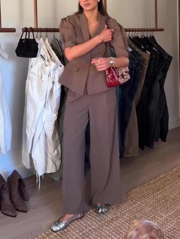 Brown Short-sleeved Blazer & High-waisted Pants Suit NorixaFashion.com
