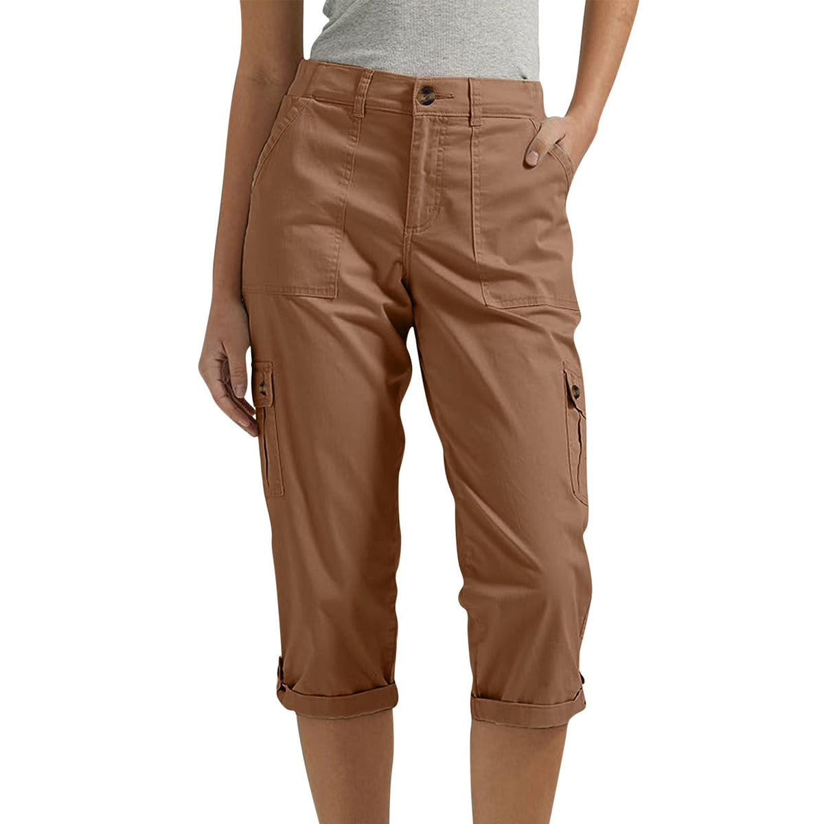 Solid Color Casual Cropped Pants - Women's High Waist Multiple Pockets Capri Trousers for Daily Wear NorixaFashion.com